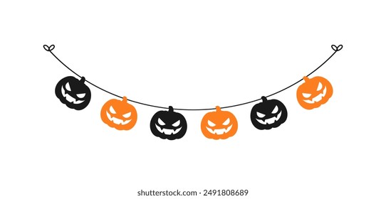 Cute Halloween Garland Bunting Silhouette Set with Jack O Lantern, Pumpkins and Bats. Simple banner hanging party classy decor vector element.