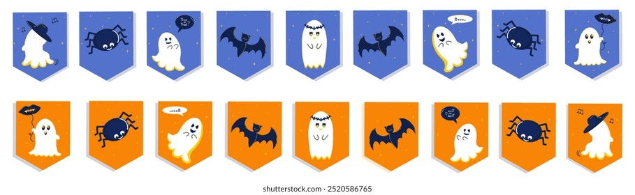 Cute Halloween garlands with spider, funny ghosts, bat. Set of spooky decoration flags.