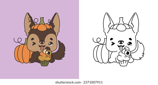 Cute Halloween German Shepherd Dog Illustration and For Coloring Page. Cartoon Clip Art Halloween Dog. Cute Vector Illustration of a Kawaii Halloween Animal with Sweets. 