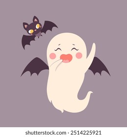 Personagem fantasma bonito Halloween batman com morcego, criatura expressão assustador. Engraçado assustador mágico demônio kawaii, mistério criativo hoje em dia clipart vetor