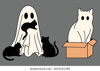 Cute Halloween Ghost with Black Cats and Ghost Cat in Box – Minimalist Vector Illustration