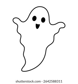 Cute Halloween ghost black and white doodle. Groovy spooky seasonal character,  Happy Halloween hand drawn vector illustration	
