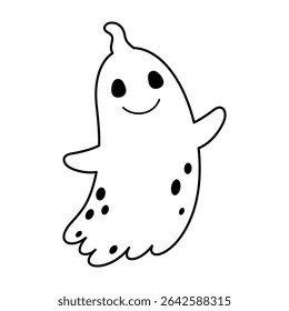 Cute Halloween ghost black and white doodle. Groovy spooky seasonal character,  Happy Halloween hand drawn vector illustration	
