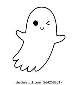 Cute Halloween ghost black and white doodle. Groovy spooky seasonal character,  Happy Halloween hand drawn vector illustration	
