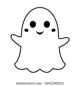 Cute Halloween ghost black and white doodle. Groovy spooky seasonal character,  Happy Halloween hand drawn vector illustration	
