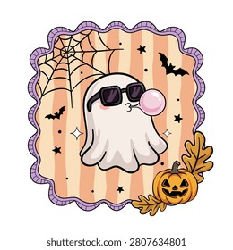Cute halloween ghost blowing bubble gum with sunglasses pumpkin spider web bats and autumn leaves in kawaii cartoon illustration