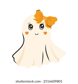 Fantasma lindo de Halloween con signo de personaje de arco. Ilustración vectorial en piso y estilo Doodle para las vacaciones de octubre Halloween