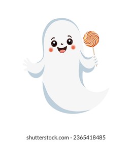 Cute Halloween ghost with a candy lollipop in his hand. Creepy cartoon spirit ghost. Traditional symbol and design element for Halloween celebration. Cartoon vector illustration.