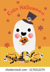 Cute Halloween ghost and candy. Lovely Halloween greeting card.