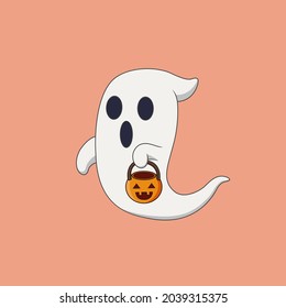 Cute halloween ghost carrying pumpkin bucket cartoon vector