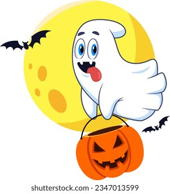 Cute Halloween Ghost Cartoon Character Flying With A Pumpkin Basket. Vector Hand Drawn Illustration Isolated On Transparent Background