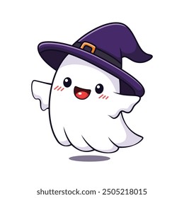 Cute Halloween Ghost Cartoon Character With Witch Hat