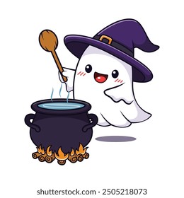 Cute Halloween Ghost Cartoon Character And Witch Pot