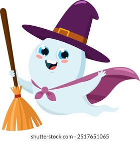 Cute Halloween Ghost Cartoon Character With Witch Hat And Broom Flying Vector Illustration Flat Design Isolated On Transparent Background