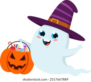 Cute Halloween Ghost Cartoon Character With Witch Hat Flying With A Pumpkin Basket Of Treats. Vector Illustration Flat Design Isolated On Transparent Background