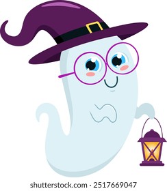 Cute Halloween Ghost Cartoon Character With Witch Hat Flying And Holding A Lit Lantern. Vector Illustration Flat Design Isolated On Transparent Background
