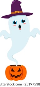 Cute Halloween Ghost Cartoon Character With Witch Hat Coming Out Of Terrifying Pumpkin. Vector Illustration Flat Design Isolated On Transparent Background