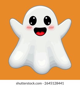 Personagem Fantasma de Halloween Bonito com um Sorriso Amigável e Bochechas Rosadas Contra um Fundo Laranja Brilhante