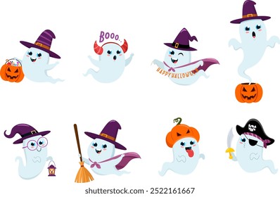 Cute Halloween Ghost Cartoon Characters. Vector Flat Design Collection Set Isolated On Transparent Background