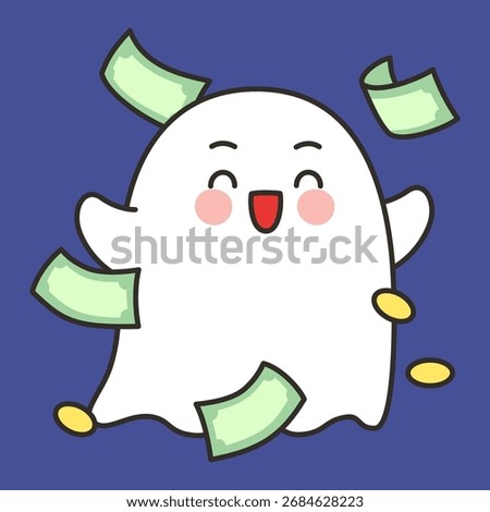Cute Halloween Ghost Cartoon Throwing Money and Coins on Blue Background Vector Illustration