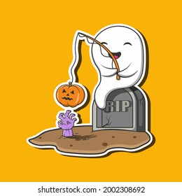 Cute Halloween Ghost Cartoon Vector Illustration With Pumpkin. Halloween Funny Character Isolated on orange background. Halloween themed illustrations. Good for as stickers, emoji, emoticon.