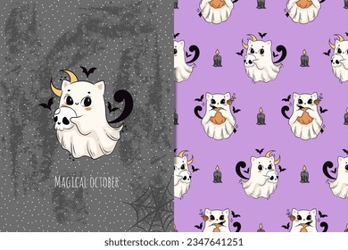 Cute Halloween ghost cat card   seamless pattern