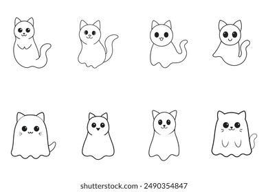 Cute Halloween Ghost Cat Line Art