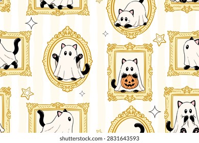 Cute Halloween ghost cat seamless pattern with adorable cats dressed as ghosts inside ornate golden vintage frames, pumpkins and stars on a cream background