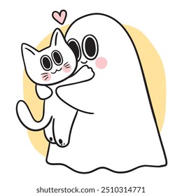  Cute Halloween ghost and cat vector.