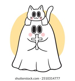  Cute Halloween ghost and cat vector.