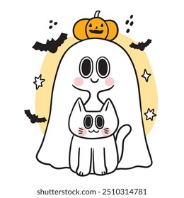  Lindo fantasma de Halloween y Vector de gato.