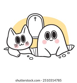  Cute Halloween ghost and cat vector.