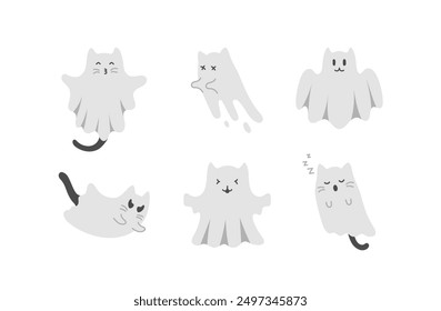 Cute Halloween Ghost Cats Set. Hand drawn spooky flying spirits collection. Cartoon funny kittens ghost isolated on white background. Vector simple Halloween horror kawaii characters.