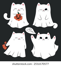 Cute halloween ghost cats set. Bundle of hand drawn white vector kittens with pumpkins