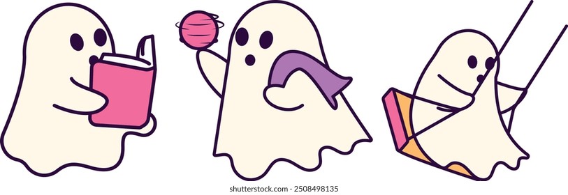 Cute Halloween Ghost Character Activity and Hobby, Cartoon Character Vector Style