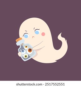 Cute Halloween ghost character with bottle, pleasant charming adorable creature. Funny magic kawaii demon, mystery creative nowadays vector clipart.