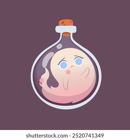 Cute Halloween ghost character in a bottle, pleasant charming adorable creature. Funny magic kawaii demon, mystery creative nowadays vector clipart.