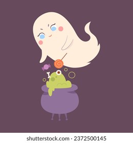 Cute Halloween ghost character brewing a potion in a pot, pleasant charming adorable creature. Funny magic kawaii demon, mystery creative nowadays vector clipart.