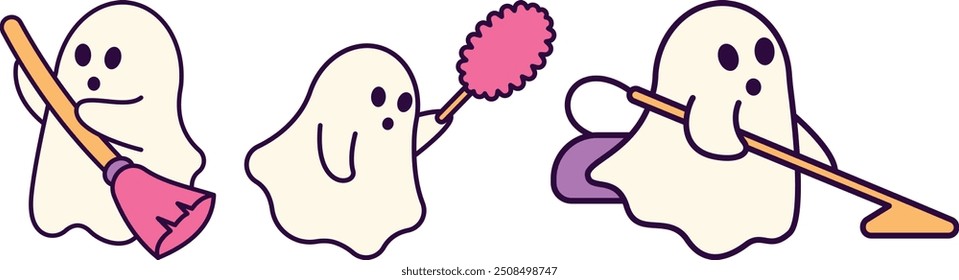 Fantasma bonito Halloween limpeza de personagem Atividade Casa, Cartoon Personagem Vetor Estilo