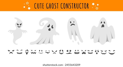 Cute Halloween Ghost Character Constructor. Hand drawn funny ghosts and spooky face expressions variations. Vector halloween characters creation set. Cartoon spooky flying spirits kit.