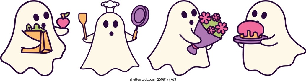 Linda actividad diaria de personaje fantasma de Halloween, estilo de Vector de personajes de dibujos animados