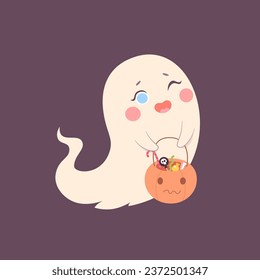 Cute Halloween ghost character with pumpkin, spooky expression creature. Funny scary magic kawaii demon, mystery creative nowadays vector clipart.