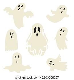 Cute Halloween ghost character set. Halloween kids graphic. Cartoon flat vector 