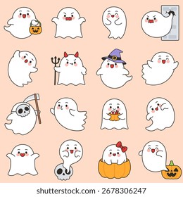Nettes Halloween-Geisterzeichen-Set auf Pfirsichhintergrund, Vektorgrafik