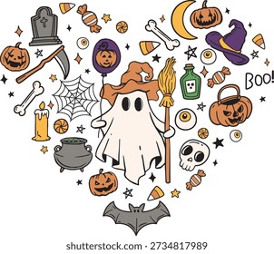 Cute Halloween Ghost Character Set, Cartoon Spooky Elements Vector Illustration