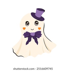 Cute Halloween ghost character sign in hat. Vector illustration in flat and Doodle style for the October holiday Halloween