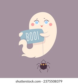 Cute Halloween ghost character with a spider, pleasant charming adorable creature. Funny magic kawaii demon, mystery creative nowadays vector clipart.