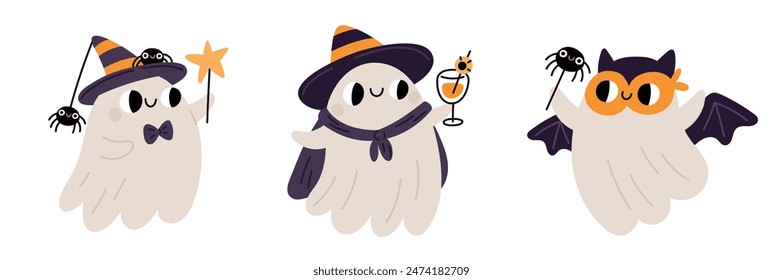 Cute Halloween ghost characters isolated white background. Kids festive illustration with friendly ghosts, halloween design elements. Childish celebration print