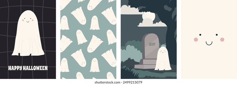 Cute Halloween Ghost Characters postcards Set