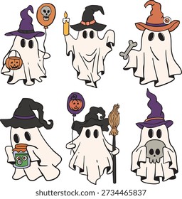 Cute Halloween Ghost Characters Set with Witch Hats, Broom and Pumpkin Balloon, Cartoon Spooky Clipart Collection